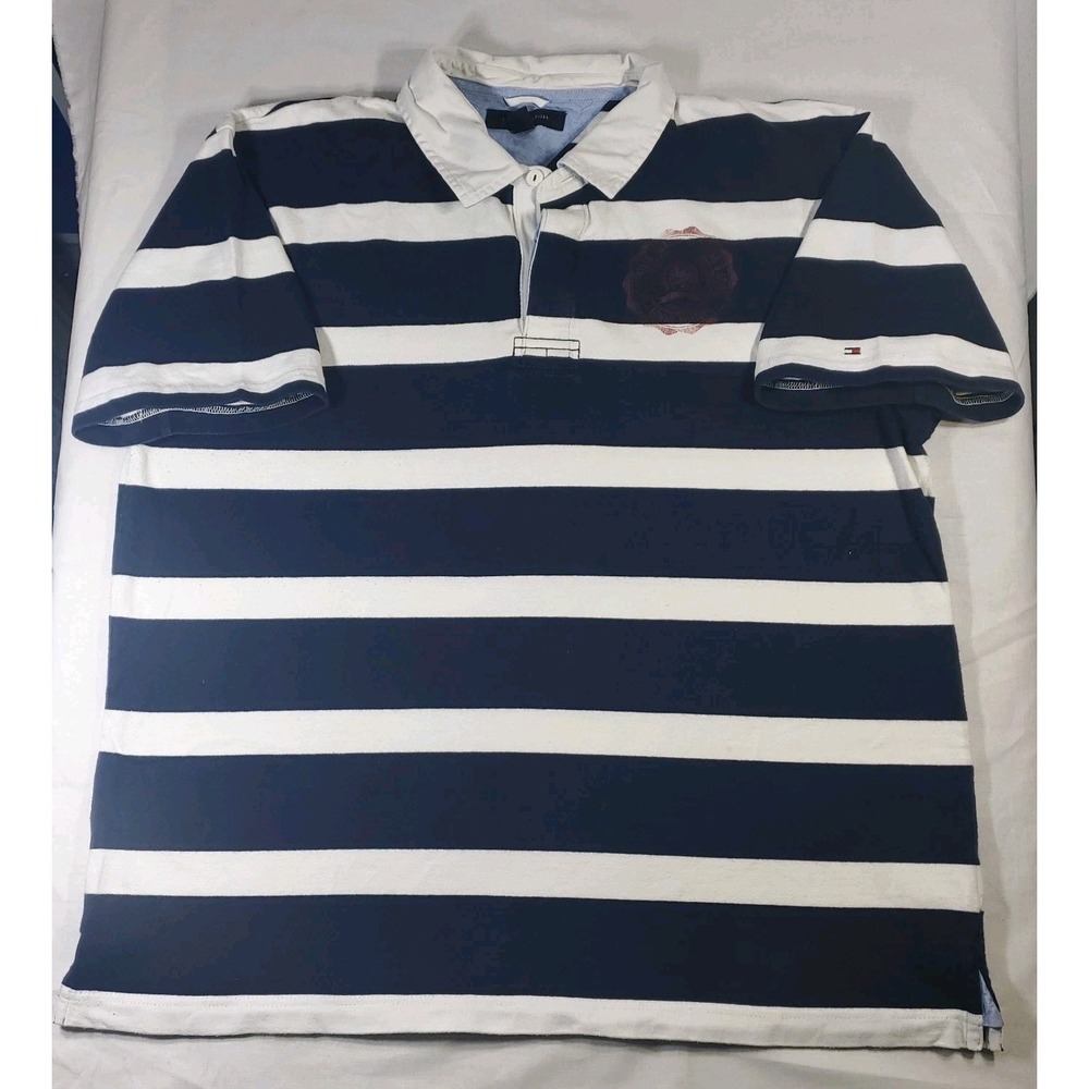 Tommy Hilfiger Rugby Shirt Men 2XL Blue Stripe Short Sleeve Heavy Cotton VTG